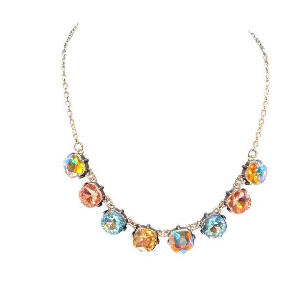 Large Square AB Crystal Silver Tone Necklace 16.5"-19" - Picture 2 of 7